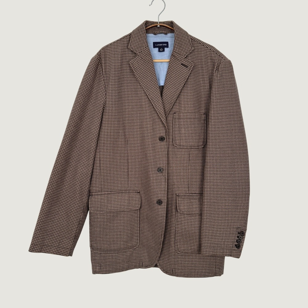 Lands End Mens Brown Houndstooth 100% Cotton 3-Button Blazer Sport Coat M 38-40